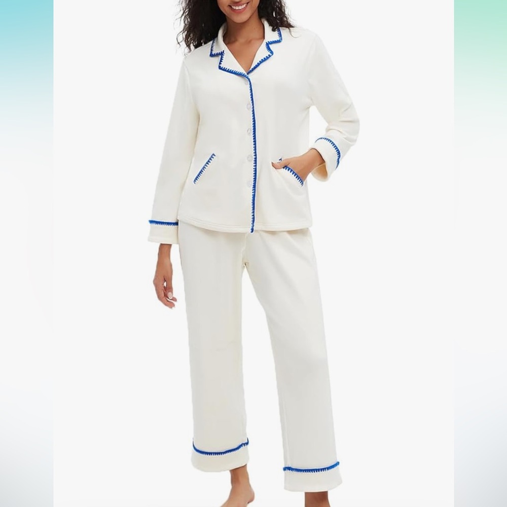 Women's Cream Pajama Set with Blue Trim
